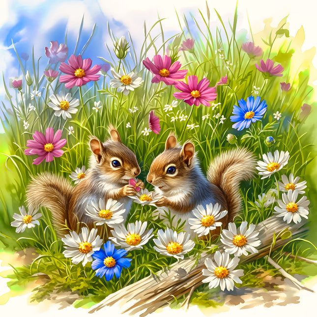 Two squirrels among flowers in a grassy field fabric panel