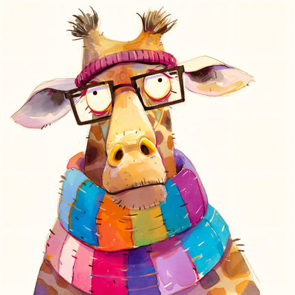 Colorful giraffe figurine wearing glasses and a scarf fabric panel