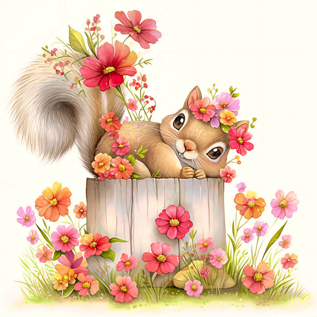 squirrel with flowers fabric panel