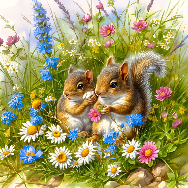 Two squirrels among flowers in a lush garden fabric panel