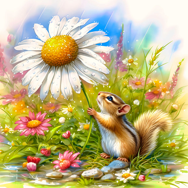 Squirrel among flowers fabric panel