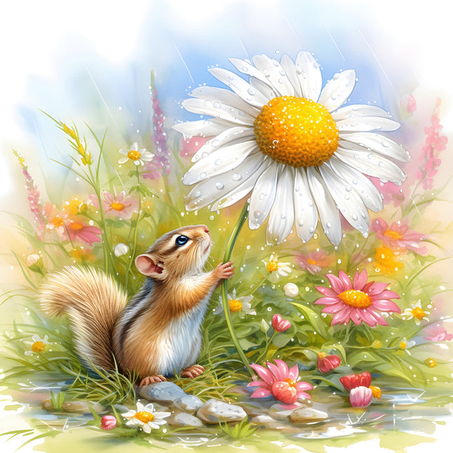 chipmunk holding a daisy fabric panel