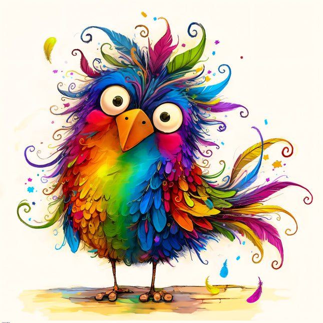 Colorful, cartoon-like bird with a vibrant and abstract design fabric panel