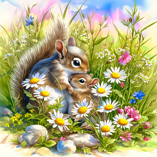 Two squirrels among flowers and grass in a colorful outdoor setting quilt panel