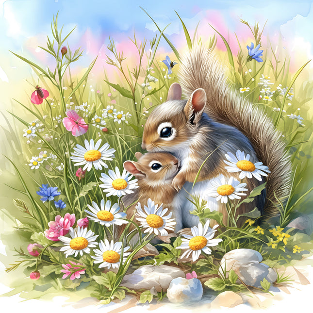 Two squirrels among flowers and grass in a colorful outdoor setting fabric panel