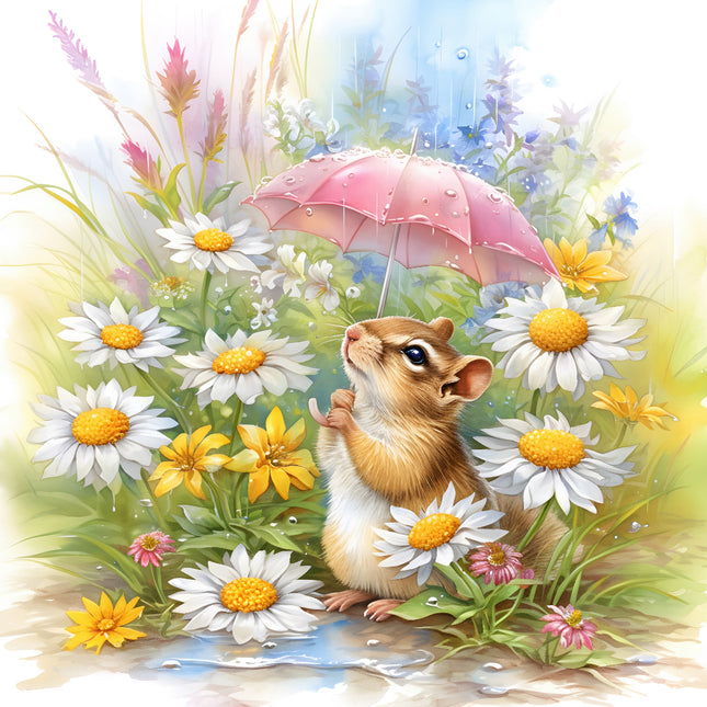 chipmunk holding a pink umbrella among flowers fabric panel
