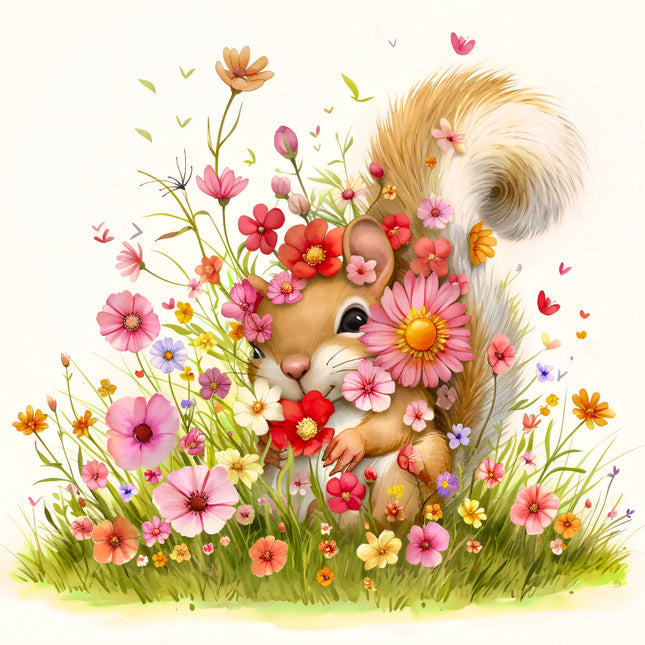 squirrel surrounded by flowers fabric panel