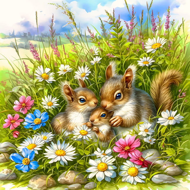 Three squirrels among flowers and grass fabric panel