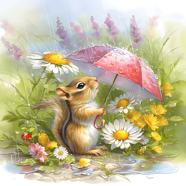 Squirrel holding a pink umbrella in a garden with flowers and raindrops