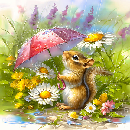 Squirrel holding a pink umbrella among flowers in a colorful garden fabric panel