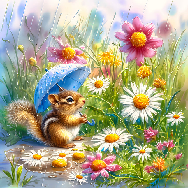 Squirrel holding a blue umbrella among flowers in a garden setting fabric panel