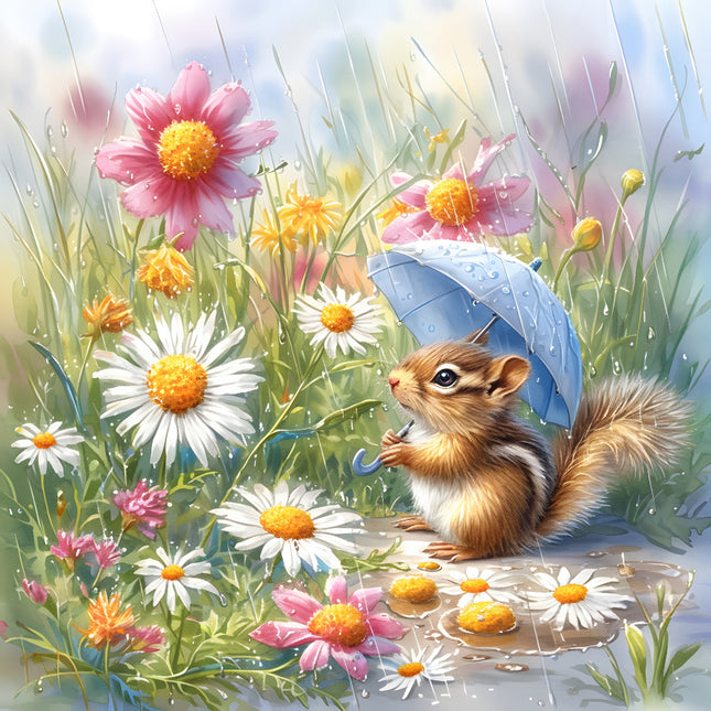 Squirrel with an umbrella among flowers in a garden setting quilt panel