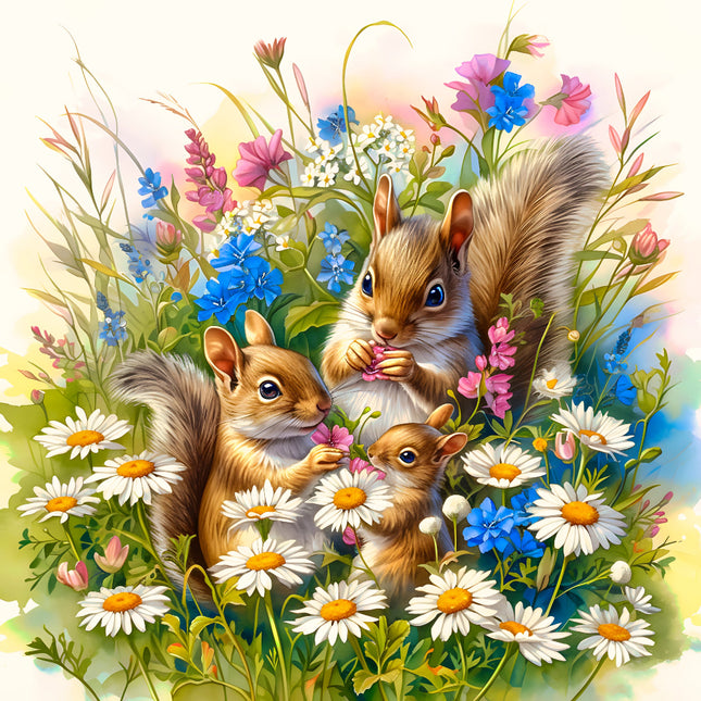Three squirrels among flowers and plants fabric panel