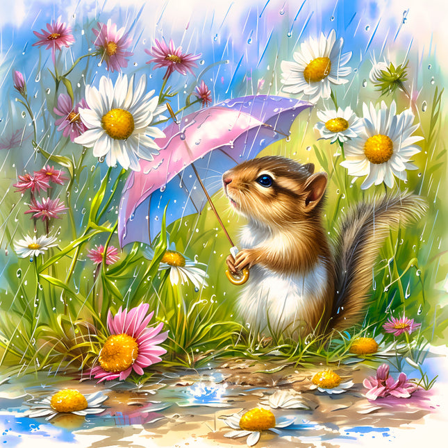 Squirrel holding a pink umbrella among flowers in a rain scene fabric panel