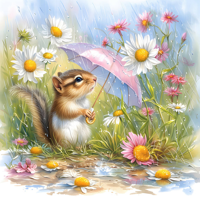 Squirrel holding a pink umbrella among flowers in a garden setting quilt panel
