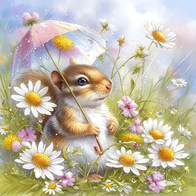 Illustration of a squirrel holding an umbrella among flowers quilt panel