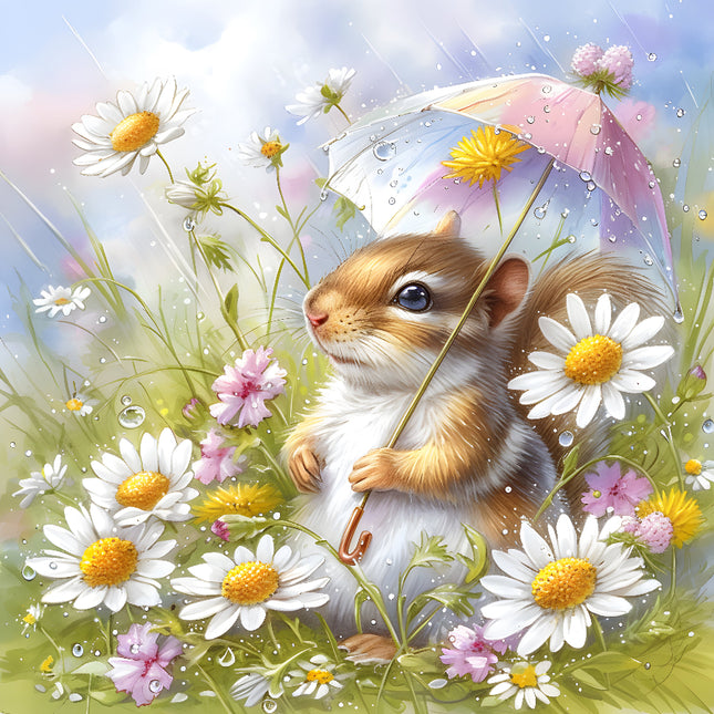 Illustration of a squirrel holding an umbrella among flowers fabric panel