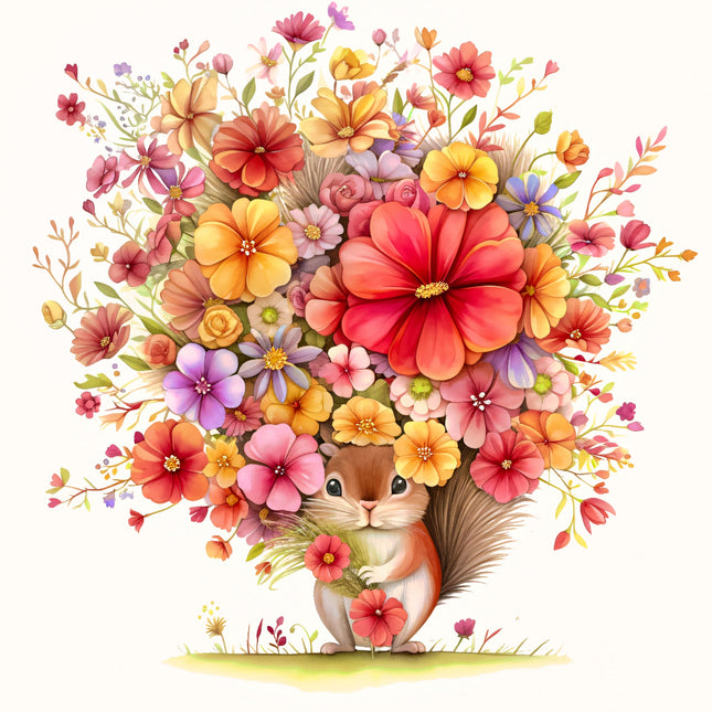 squirrel surrounded by colorful flowers fabric panel