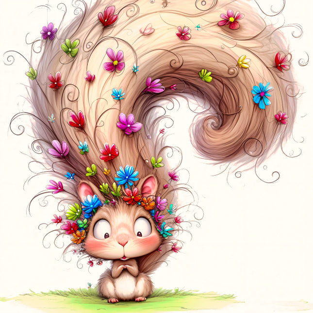Illustration of a cute animal with colorful flowers in its hair on a white background