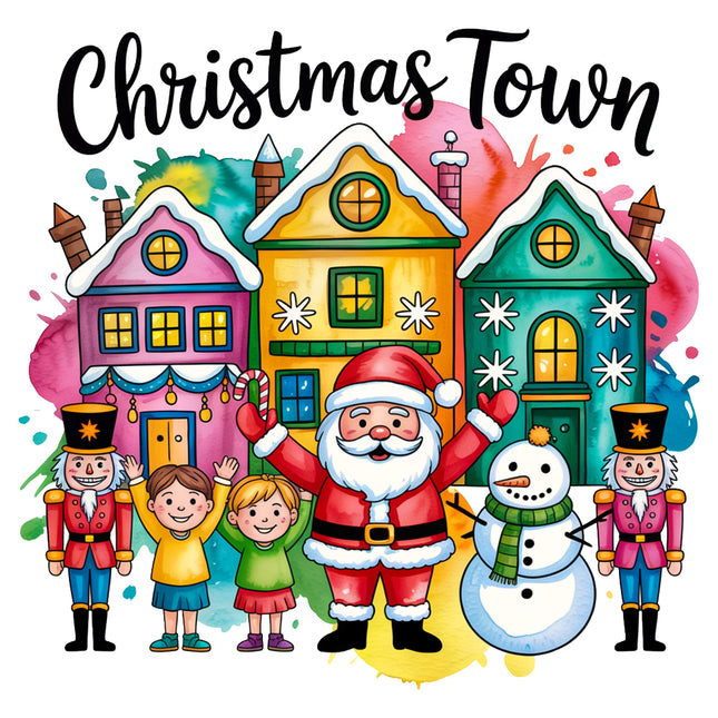 Colorful illustration of Santa Claus, children, and a snowman with houses in the background, featuring the text 'Christmas Town'.