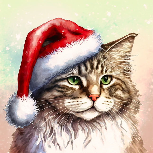 Cat wearing a Santa hat with a soft, pastel background fabric panel