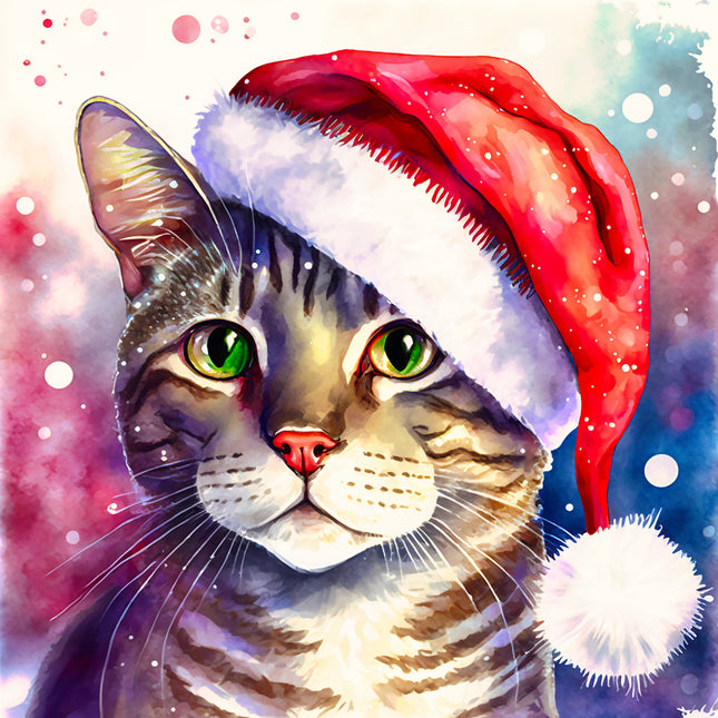 Cat wearing a Santa hat with a festive background