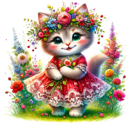 Illustration of a cat in a red dress with flowers and a bouquet fabric panel