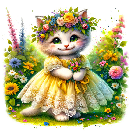 Illustration of a cat in a yellow dress fabric panel