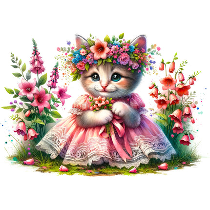 cat in a pink dress and flower crown surrounded by flowers fabric panel