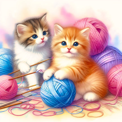 Two kittens playing with colorful yarn fabric panel