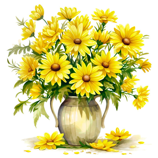 Bouquet of yellow flowers in a silver vase fabric panel