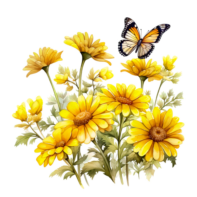 Yellow Daisies & Butterfly 100% Cotton Fabric Panel Block EE321