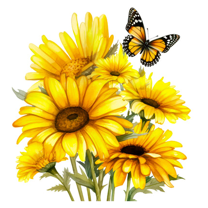 Yellow Daisies & Butterfly 100% Cotton Fabric Panel Block EE323