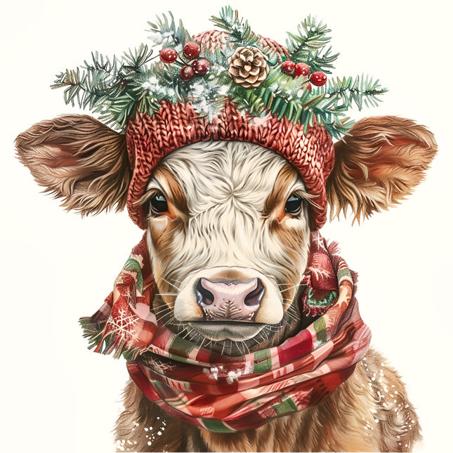 Cow wearing a festive hat with Christmas decorations and a scarf fabric panel