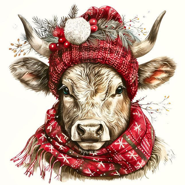 Cow wearing a red winter hat and scarf fabric panel