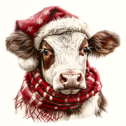 Cow wearing a Santa hat and scarf fabric panel