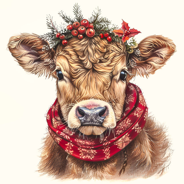 Cow wearing a red bandana and Christmas wreath quilt panel