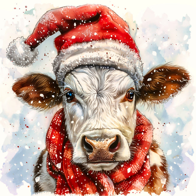 Cow wearing a Santa hat and scarf with a snowy background fabric panel