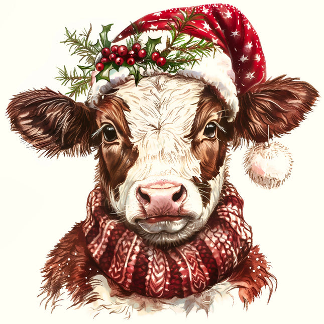 Cow wearing a festive hat with holly and a red sweater fabric panel