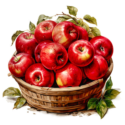 Basket of red apples with green leaves fabric panel