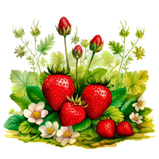 strawberries with green leaves and flowers fabric panel