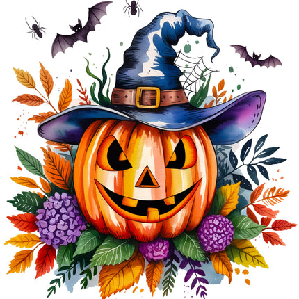 Halloween-themed illustration with a jack-o'-lantern, witch hat, and autumn leaves fabric panel