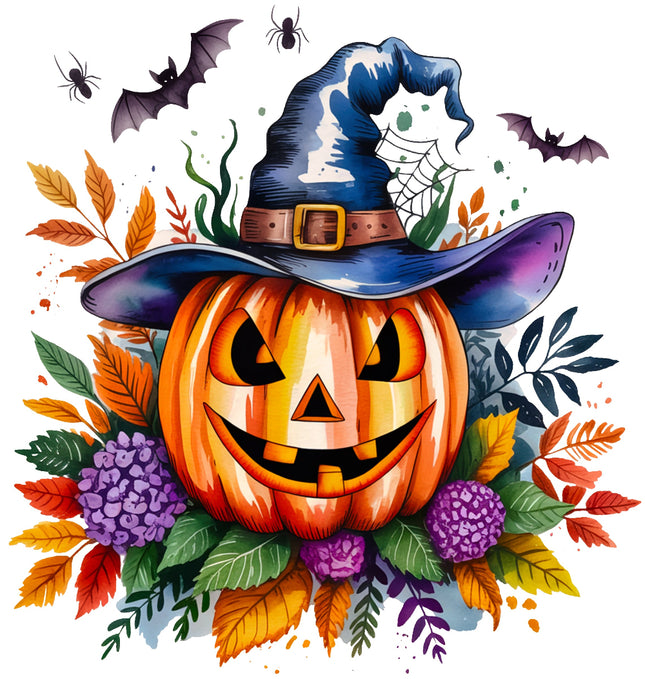 Halloween-themed illustration with a jack-o'-lantern, witch hat, and autumn leaves fabric panel