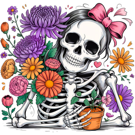 Skeleton holding a potted plant surrounded by colorful flowers fabric panel