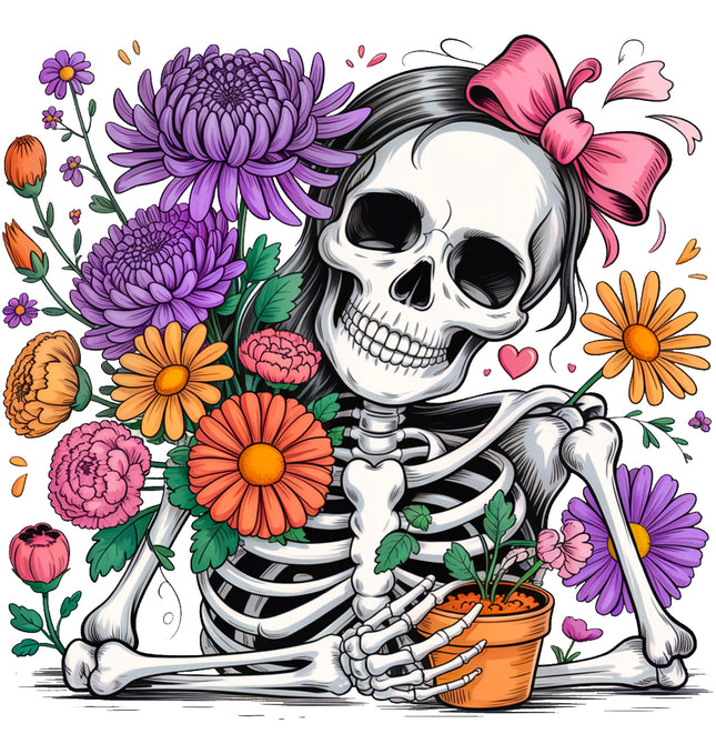 Skeleton holding a potted plant surrounded by colorful flowers fabric panel