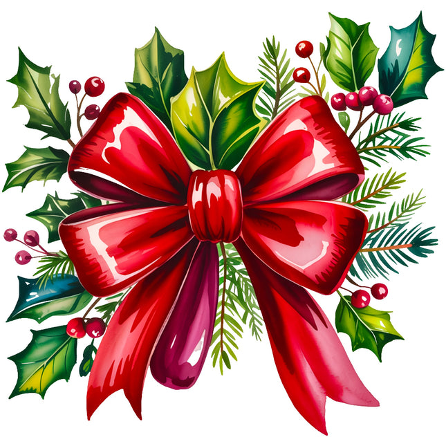 Red bow with green leaves and berries on quilt block