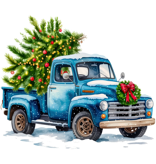 Blue vintage truck with a Christmas tree in the bed fabric panel