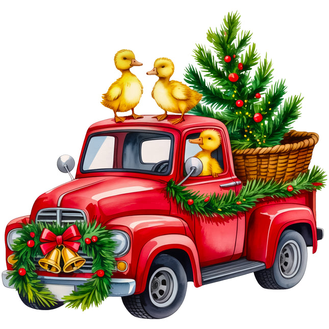 Christmas Truck & Chicks 100% Cotton Fabric Panel Block EE614