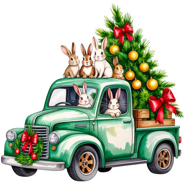 Christmas Tree Truck Bunny Rabbits 100% Cotton Fabric Panel Block EE625