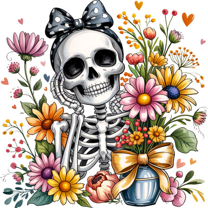 Skeletal figure with a bow surrounded by colorful flowers and a vase fabric panel